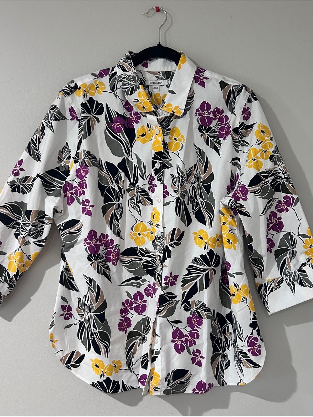 Chico's White Button-Down Shirt with Purple & Yellow Floral Print